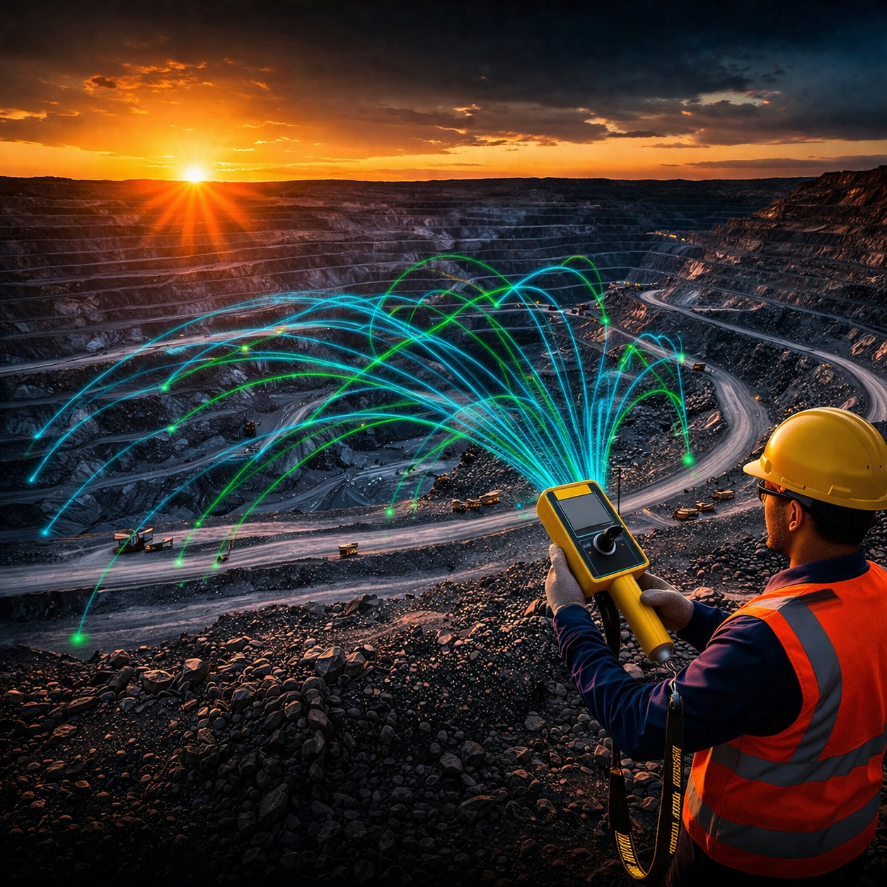 Blaster using AutoShot wireless control system in open-pit mine at sunset