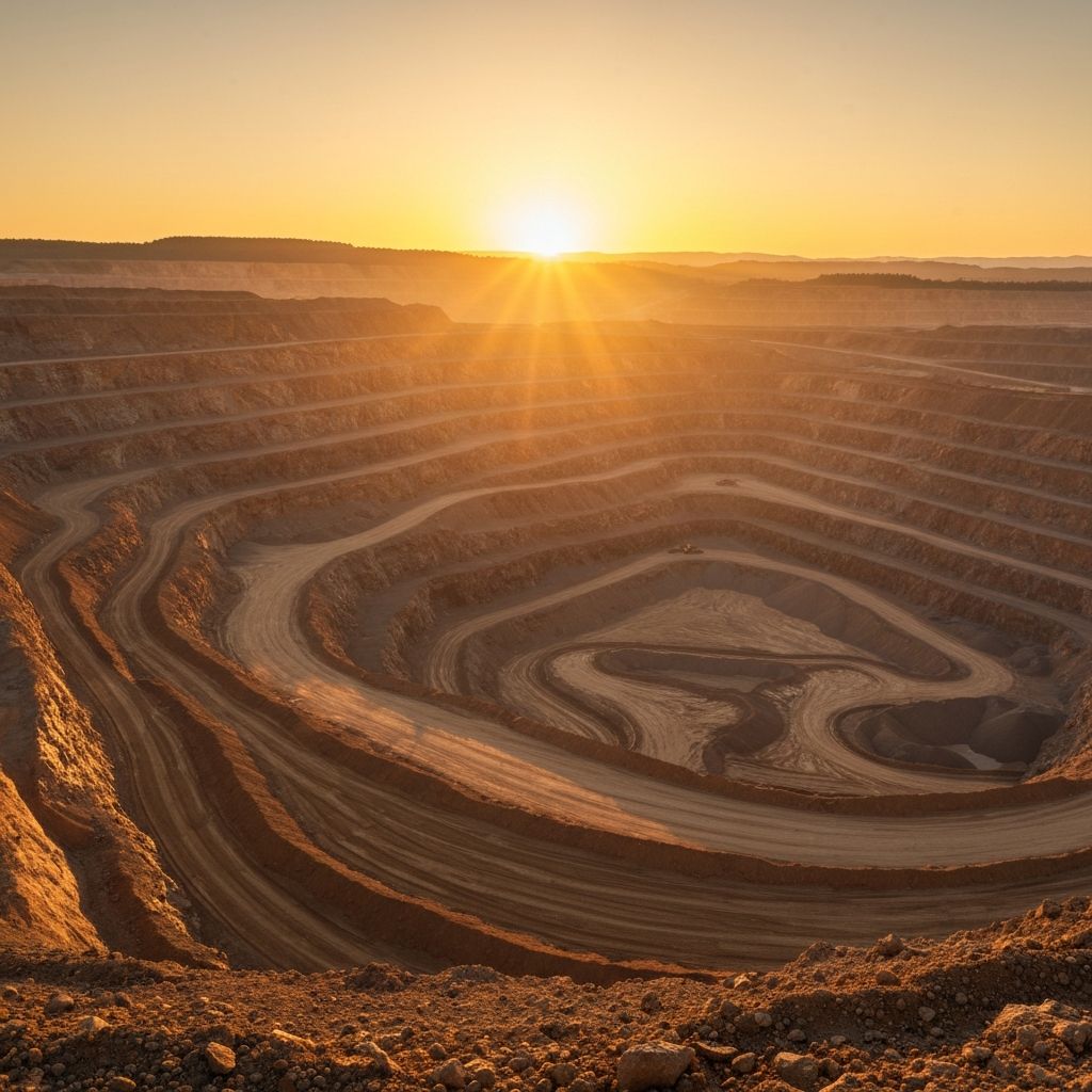 Panoramic view of mining quarry at sunrise